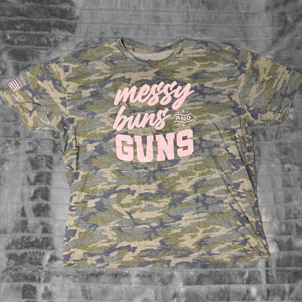 Shield Republic T-Shirt Women XL Green Camo Messy Buns and Guns Graphic Tee